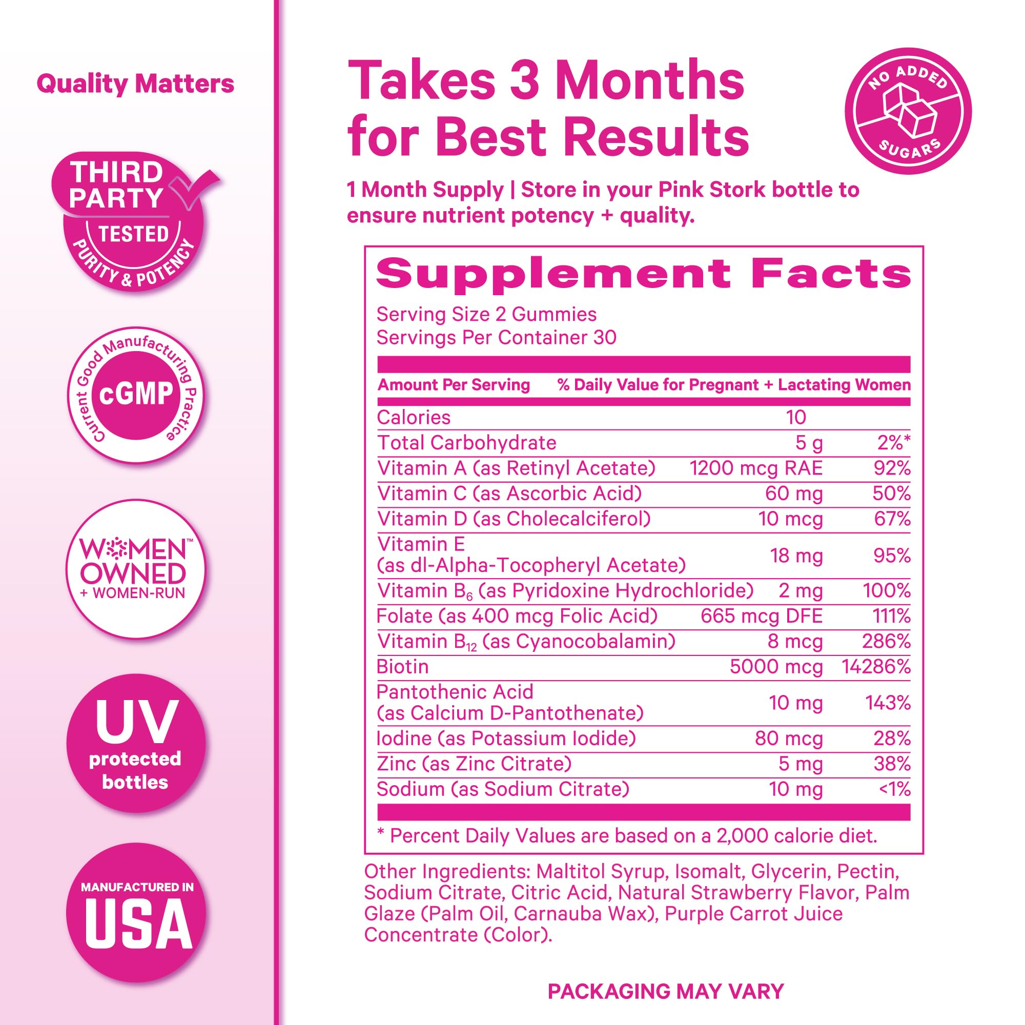 Pink Stork Postpartum Hair Loss Gummies label highlights non-GMO, gluten-free, gelatin-free formulation