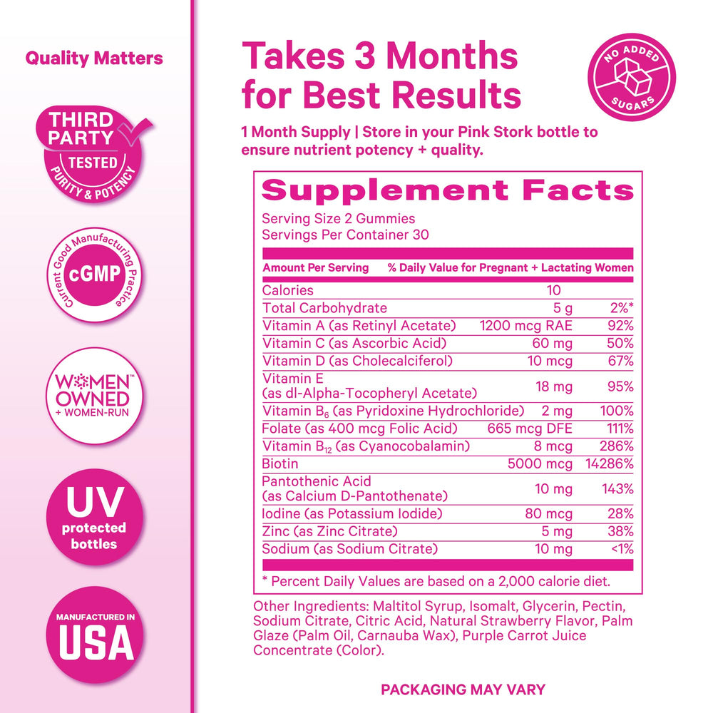 Pink Stork Postpartum Hair Loss Gummies label highlights non-GMO, gluten-free, gelatin-free formulation