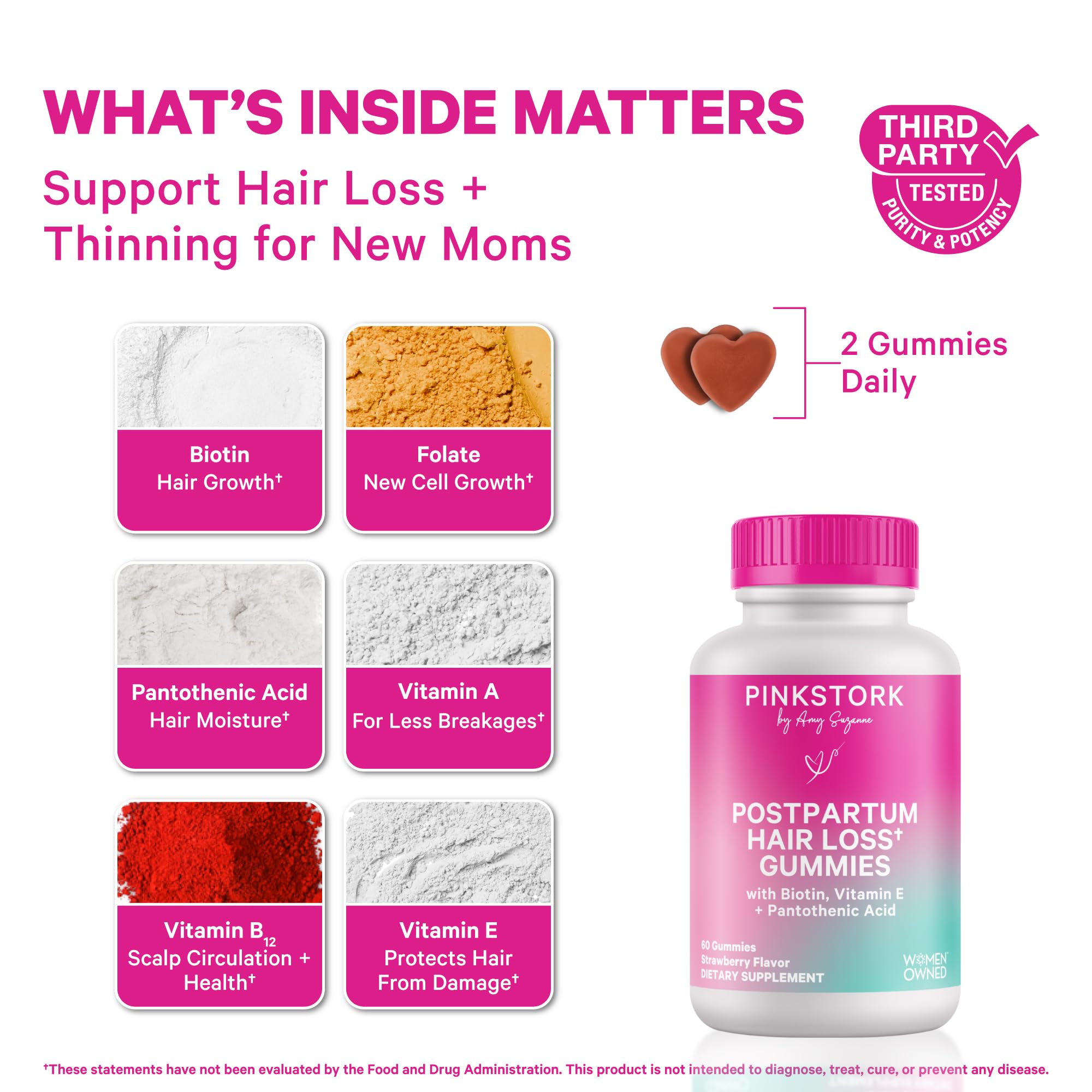 Pink Stork Postpartum Hair Loss Gummies pour bottle showing strawberry flavor for easy daily use