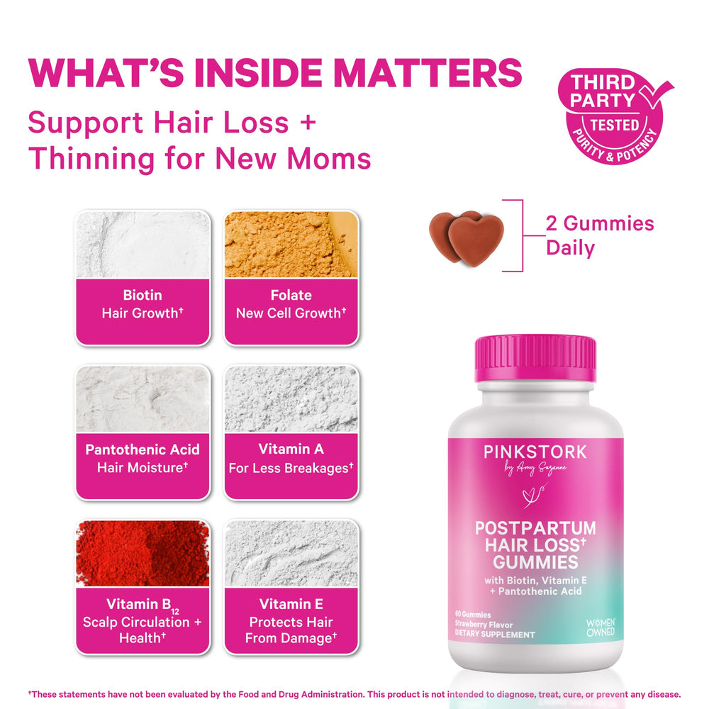 Pink Stork Postpartum Hair Loss Gummies pour bottle showing strawberry flavor for easy daily use