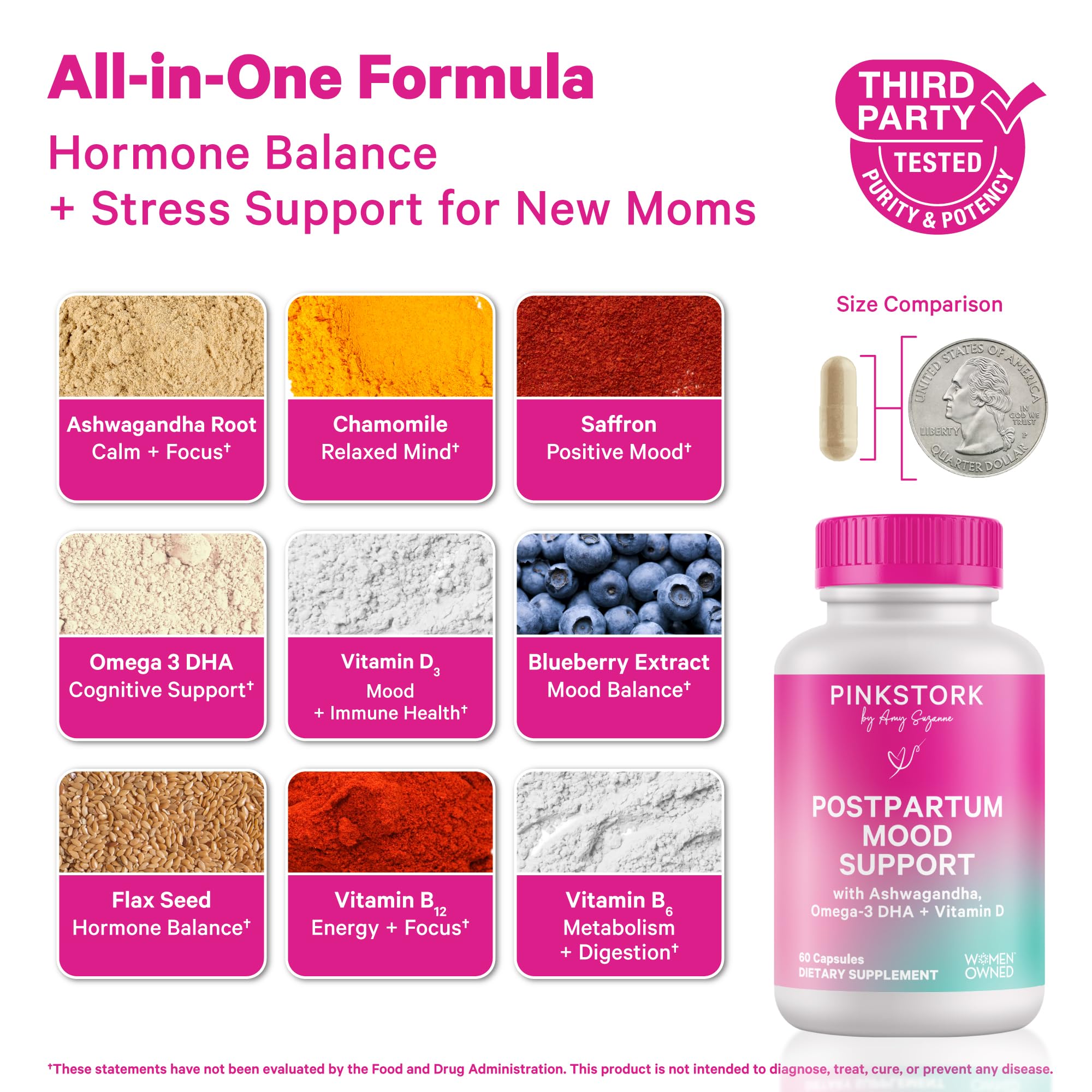 Pink Stork Postpartum Mood Support bottle back detailing ingredients for hormonal balance.