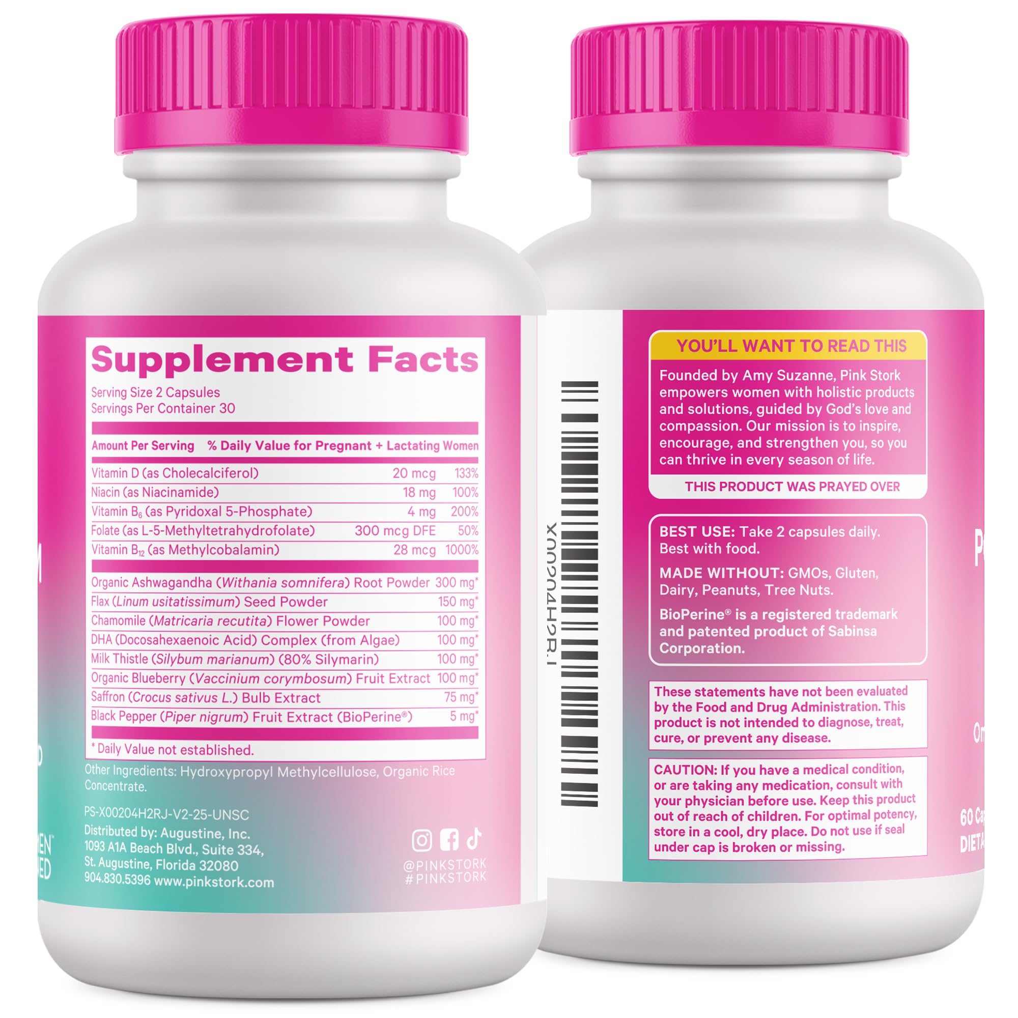 Pink Stork Postpartum Mood Support bottle held by a mom for easy integration.