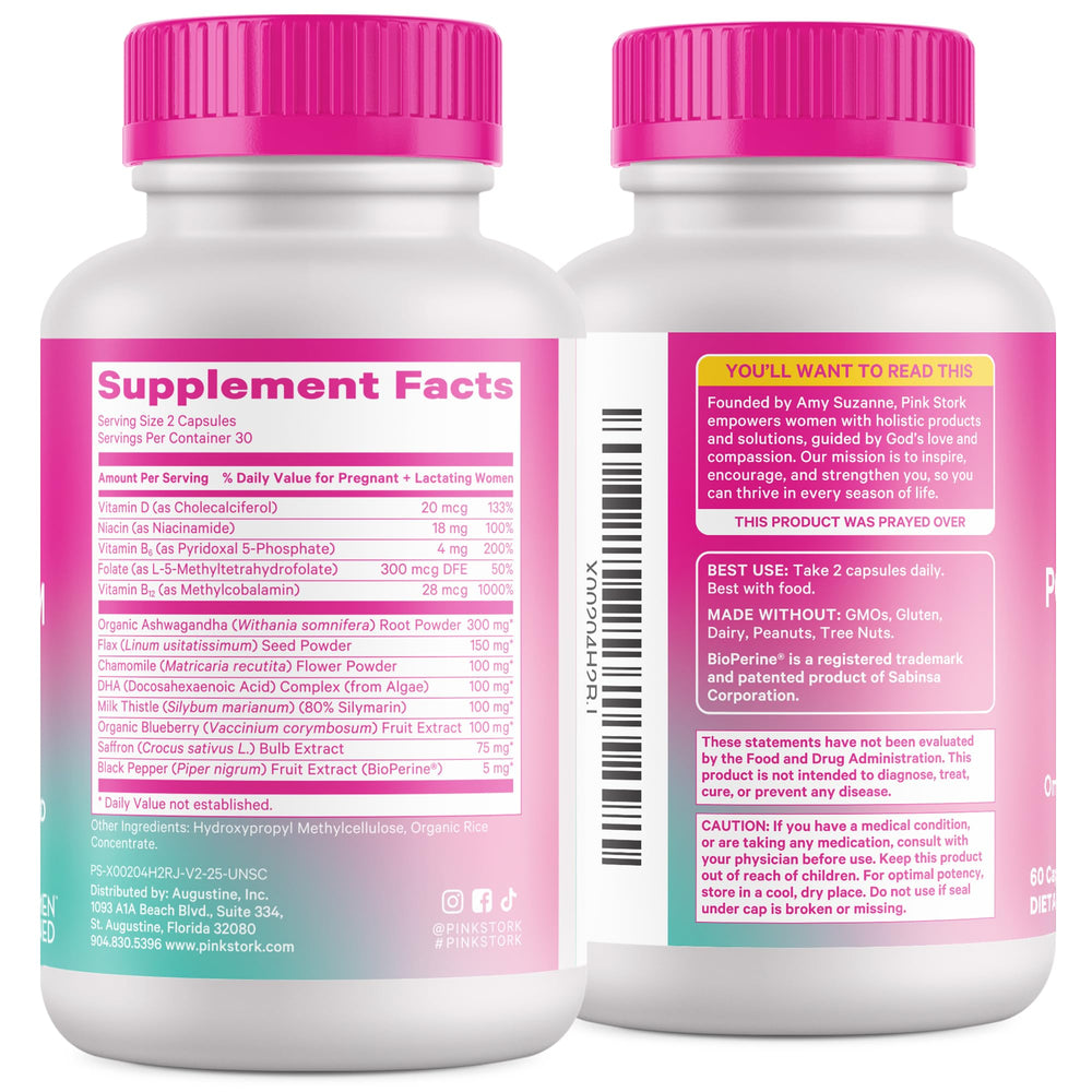 Pink Stork Postpartum Mood Support bottle held by a mom for easy integration.