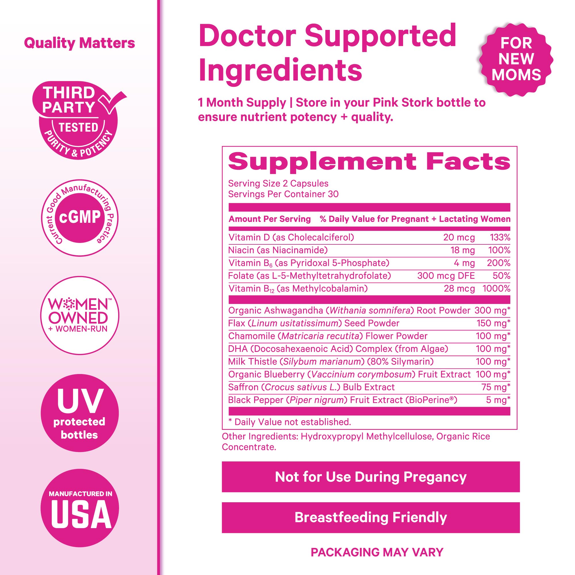 Pink Stork Mood Support capsules beside tea and snacks for calming moments.