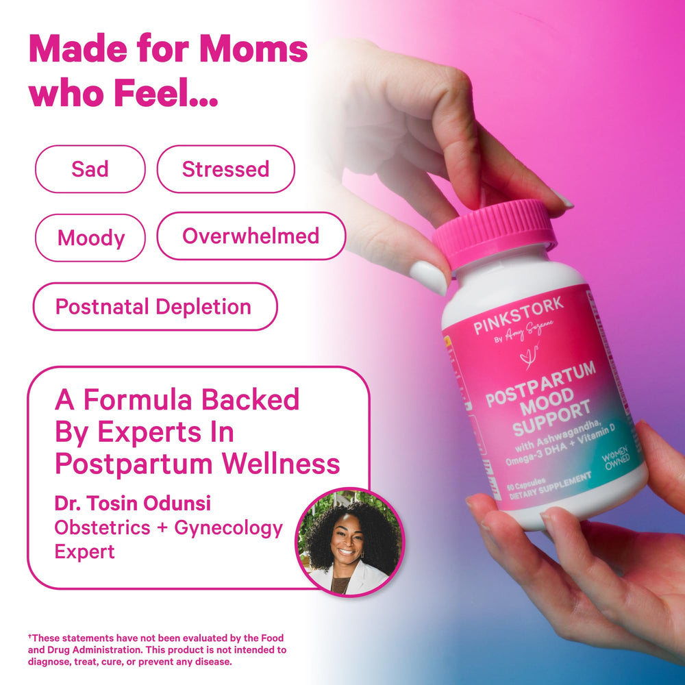 Pink Stork Mood Support packaging shows clean-label breastfeeding-friendly formula.