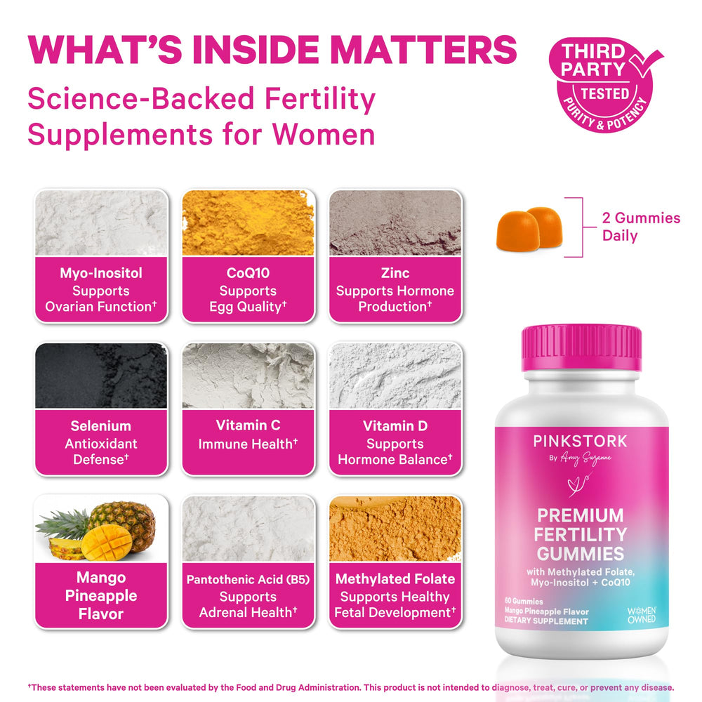Pink Stork Premium Fertility Gummies label details highlight ingredients