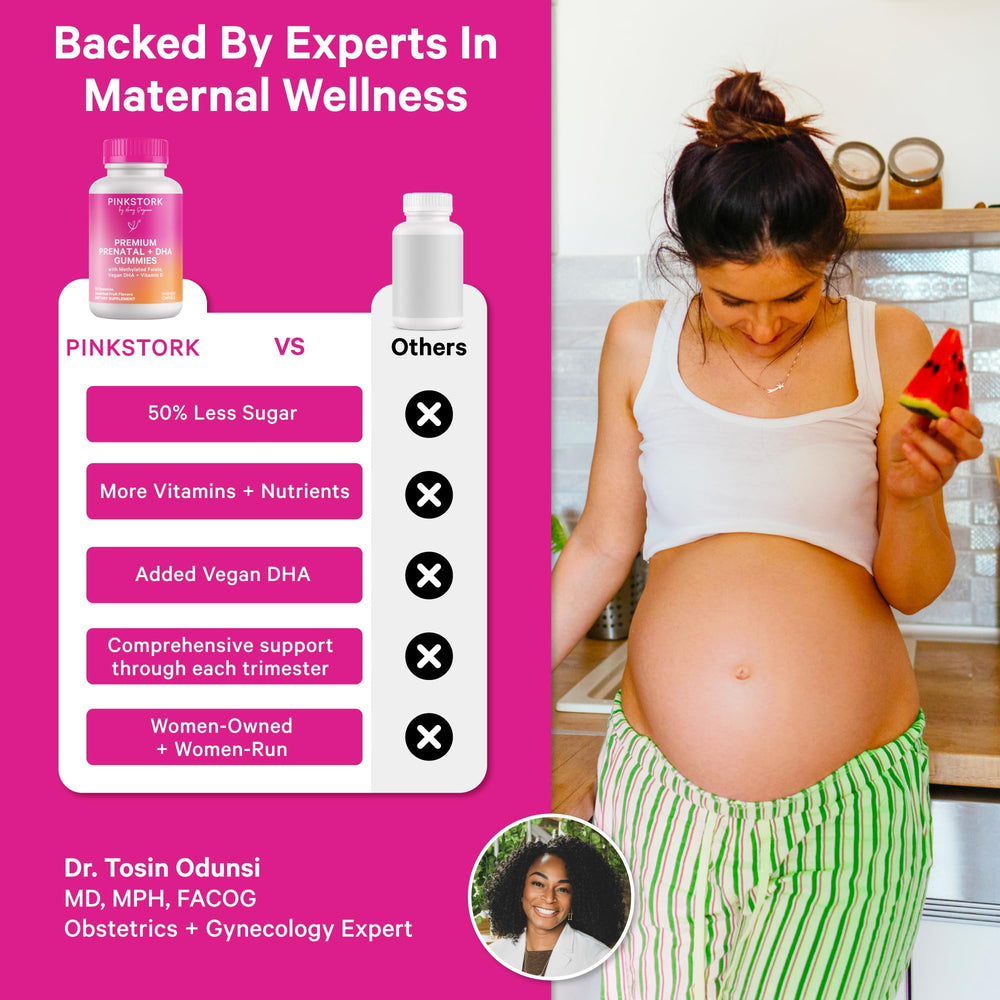 Pink Stork Premium Prenatal Gummy closeup fruit flavor emphasizes tasty, gentle digestion.