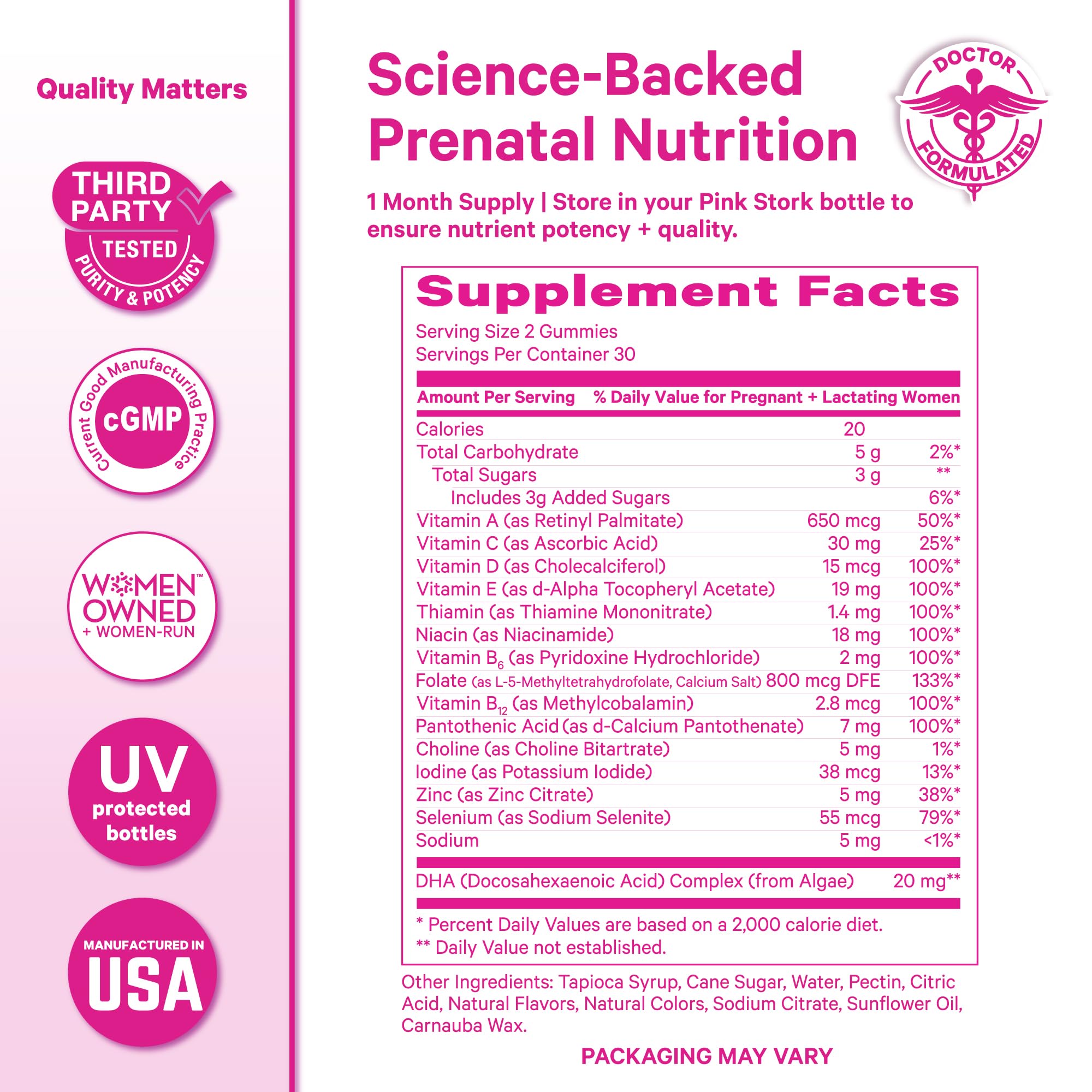 Pink Stork Premium Prenatal Gummy bottle back label shows methylated folate and key vitamins.