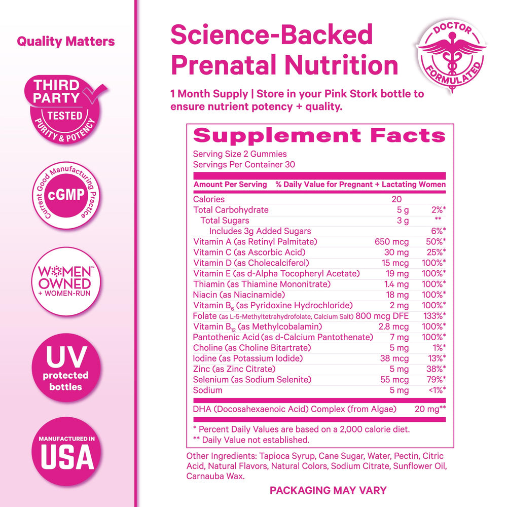 Pink Stork Premium Prenatal Gummy bottle back label shows methylated folate and key vitamins.