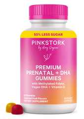Pink Stork Premium Prenatal Gummy bottle pour demonstrates easy daily intake for pregnancy.