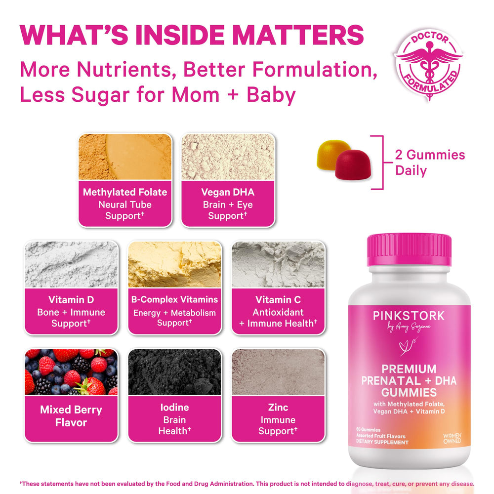 Pink Stork Premium Prenatal Gummy front view on bottle highlights convenient chew.