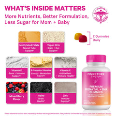 Pink Stork Premium Prenatal Gummy front view on bottle highlights convenient chew.