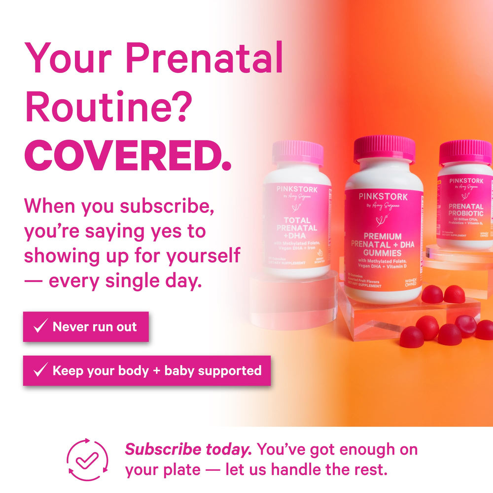Pink Stork Premium Prenatal Gummy packaging emphasizes vegan ingredients for clean prenatal nutrition.