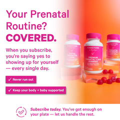 Pink Stork Premium Prenatal Gummy packaging emphasizes vegan ingredients for clean prenatal nutrition.