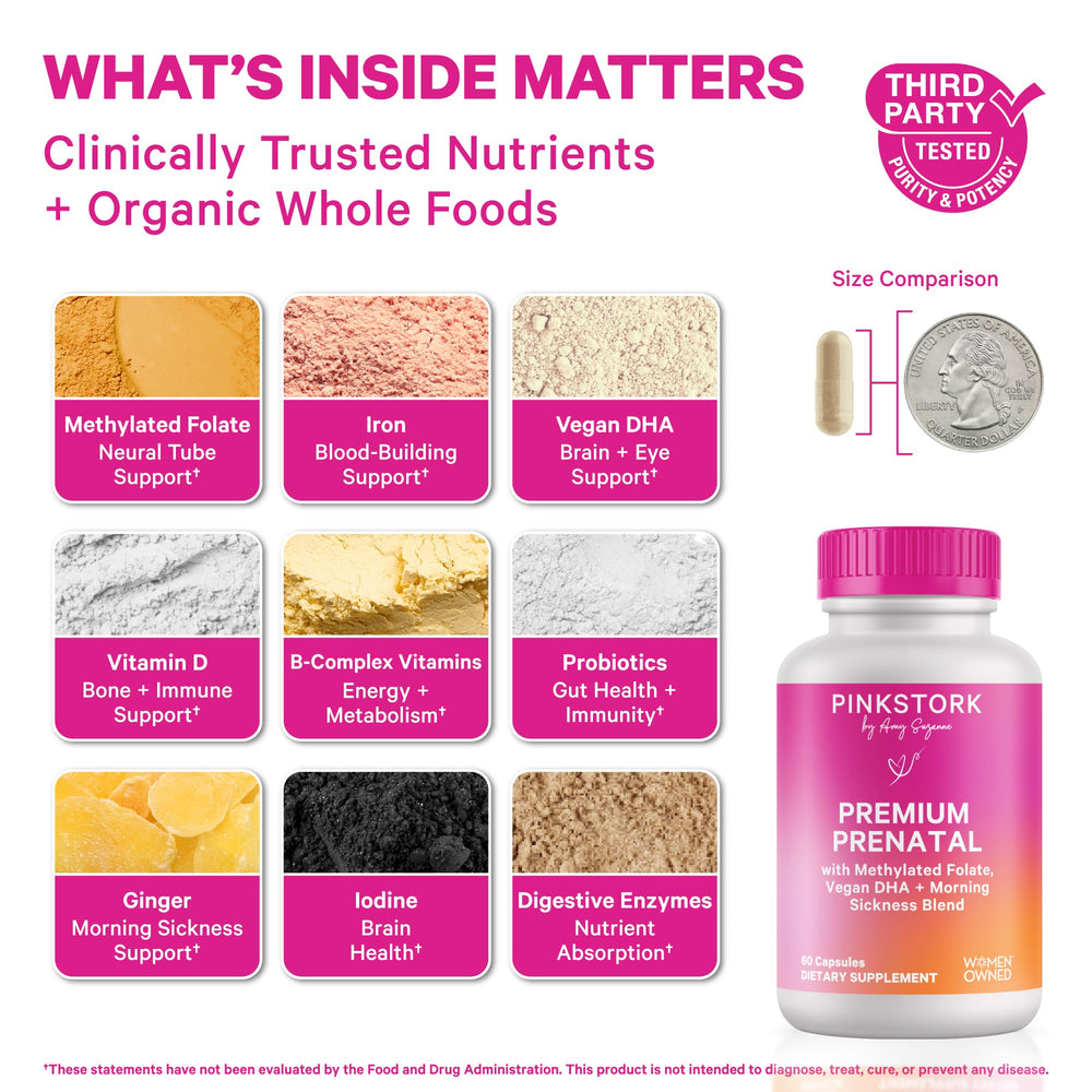 Pink Stork Premium Prenatal label closeup, trusted prenatal nutrients at a glance.
