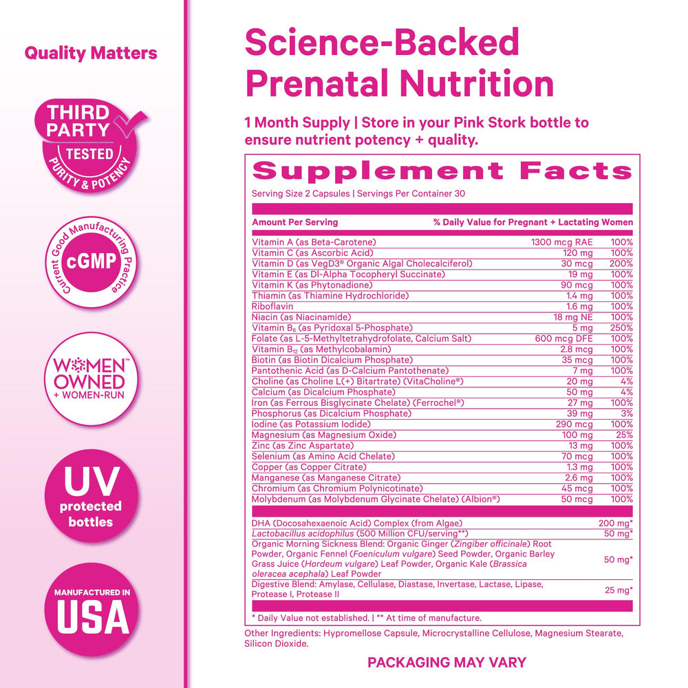 Pink Stork Premium Prenatal probiotic blend, supports gut comfort during pregnancy.