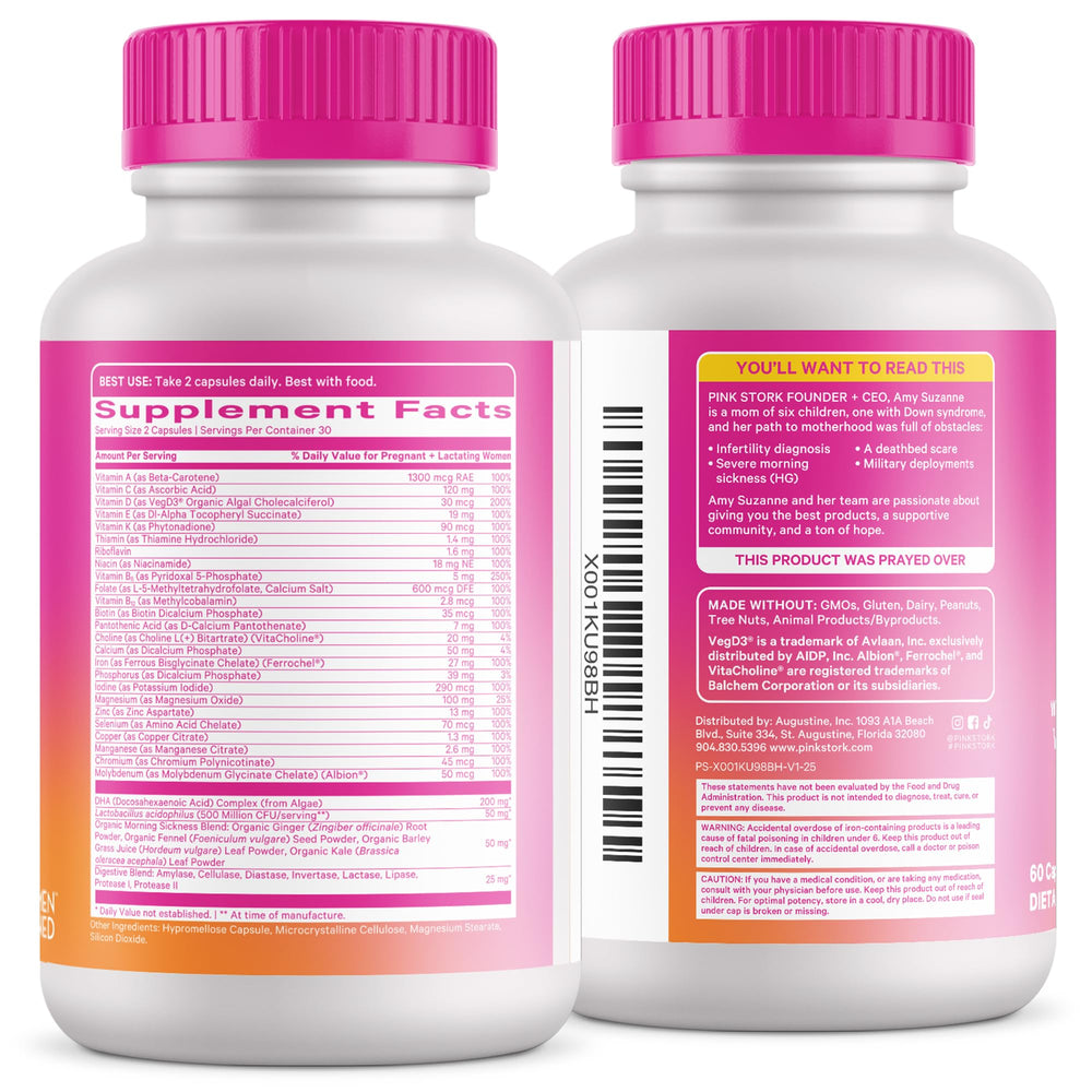 Pink Stork Premium Prenatal packaging, clean label, non-GMO assurance for moms.