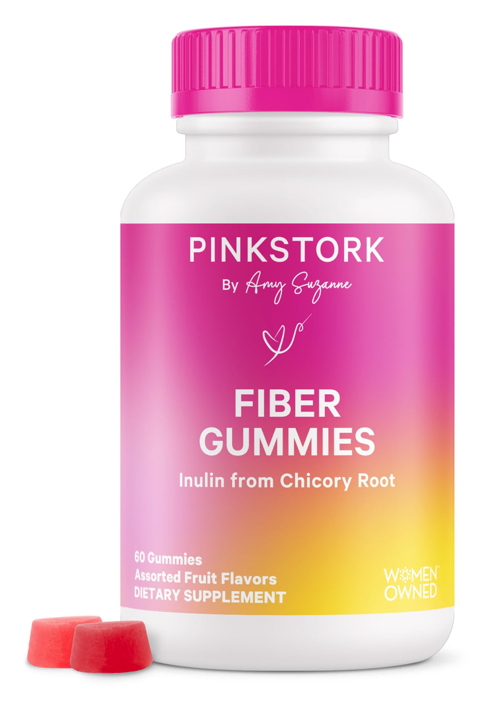 Pink Stork Prenatal Fiber Gummies bottle on counter for daily digestive support