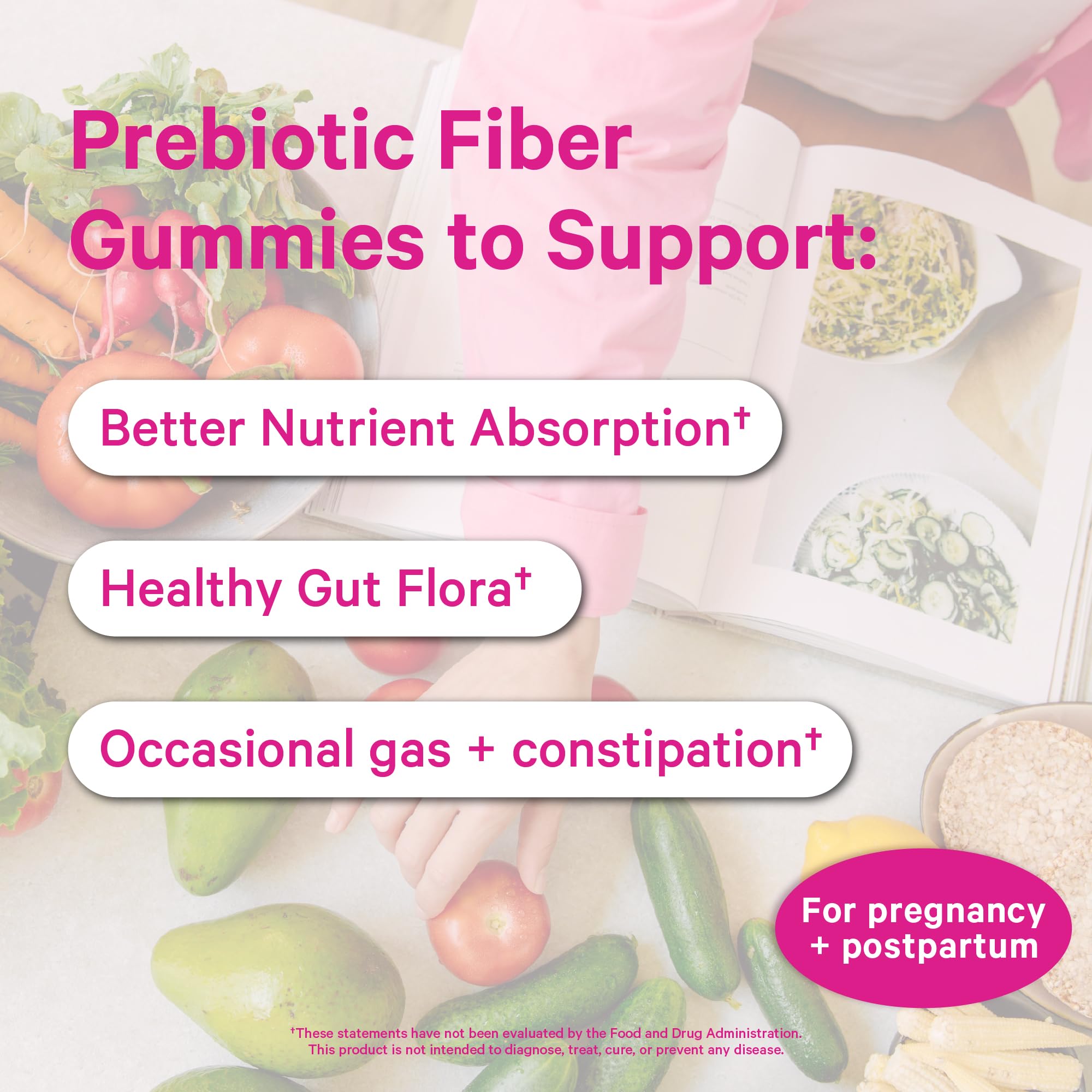 Pink Stork Prenatal Fiber Gummies closeup highlighting chicory-derived inulin for gut health