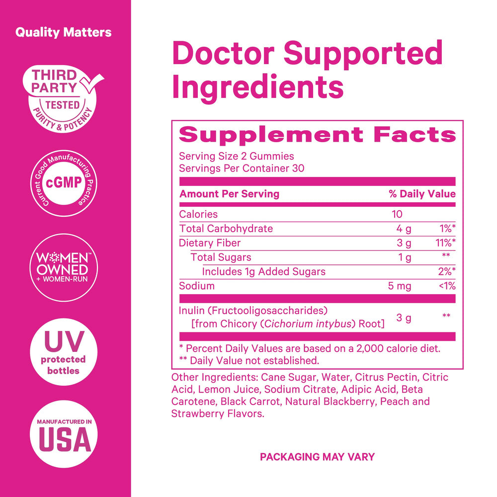 Pink Stork Prenatal Fiber Gummies with glass of water for easy digestion aid