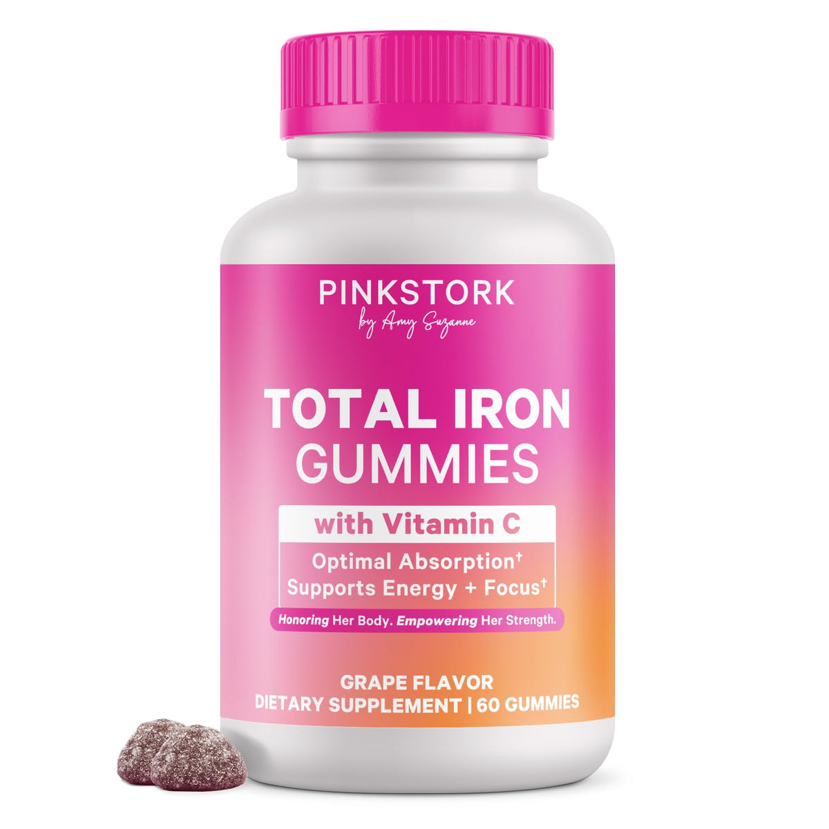 Pink Stork Prenatal Iron Gummies grape bottle shows daily energy support for moms-to-be.