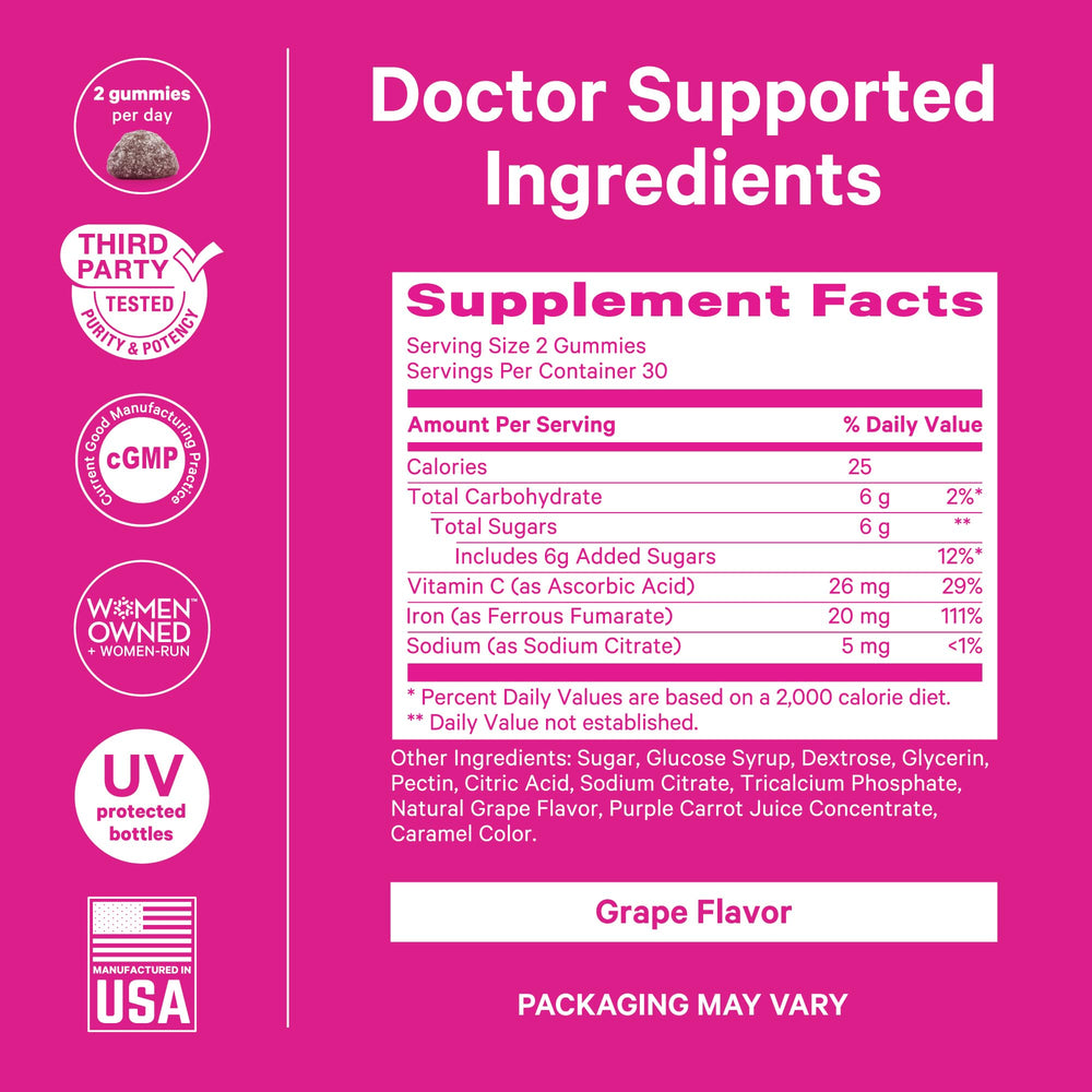 Pink Stork Prenatal Iron Gummies 60-count bottle for a monthly iron routine.