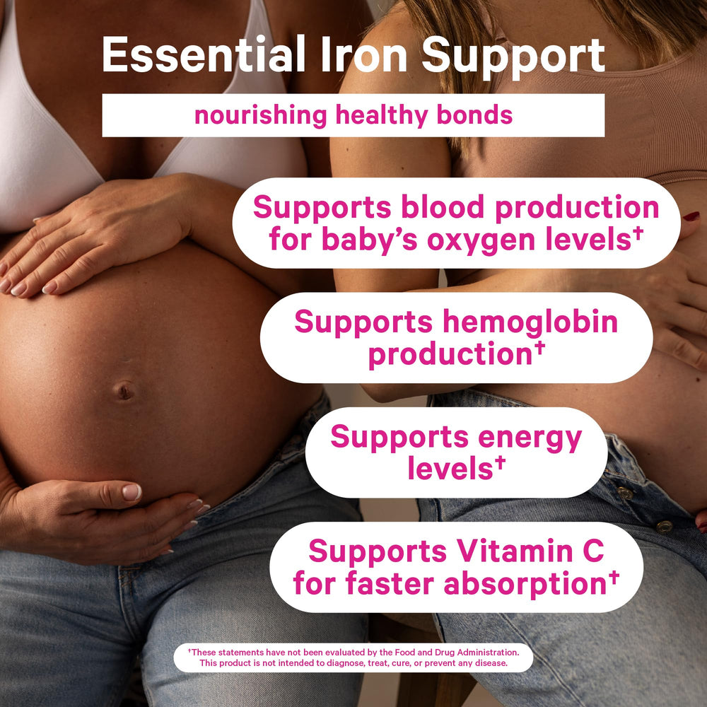 Pink Stork Prenatal Iron Gummies gelatin-free formula suitable for dietary needs.