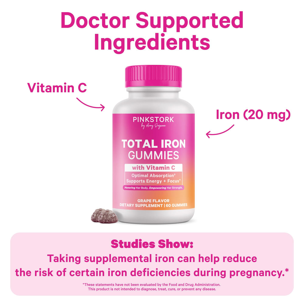 Pink Stork Prenatal Iron Gummies with Vitamin C to aid absorption during pregnancy.