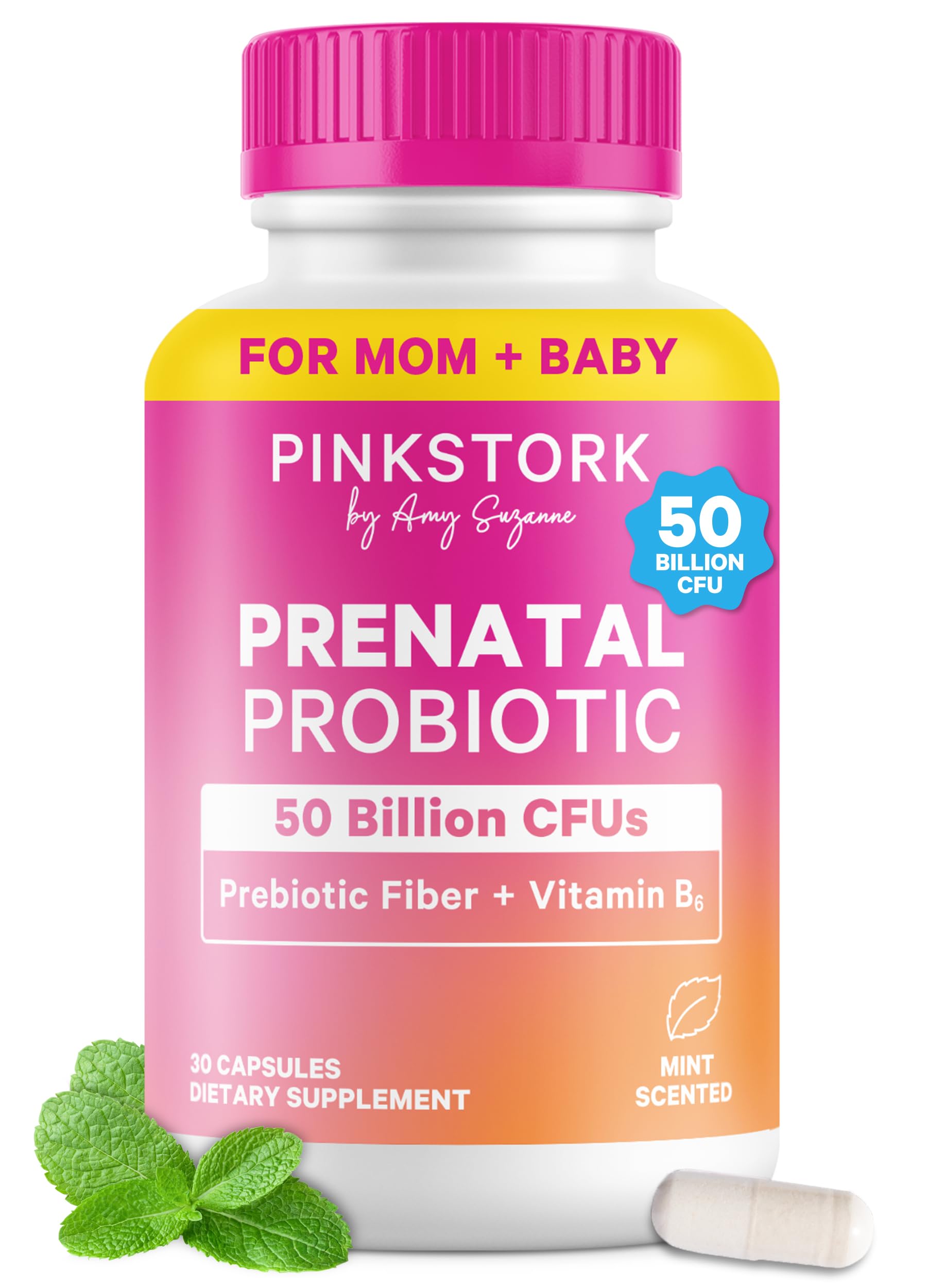 Pink Stork Prenatal Probiotic bottle cap for easy daily gut support.