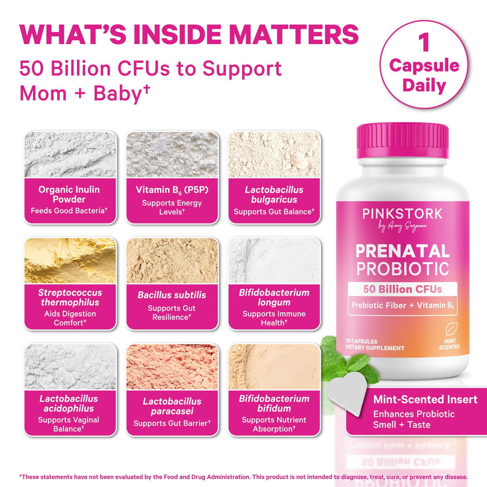 Pink Stork Prenatal Probiotic bottle label featuring seven probiotic strains.