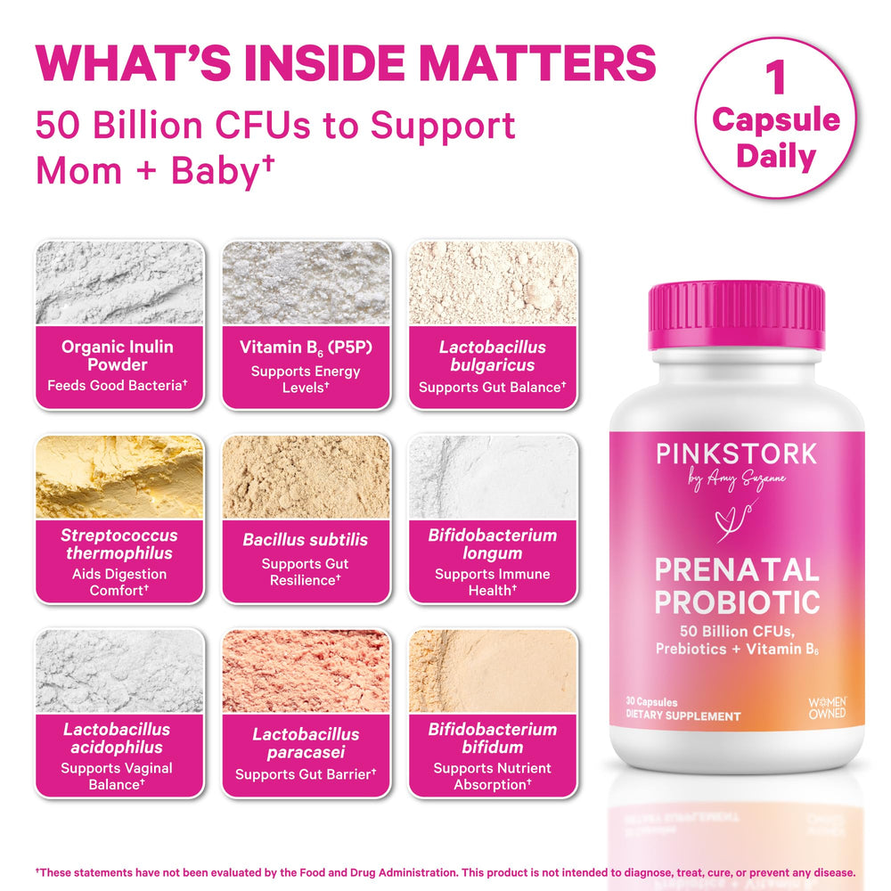 Capsules close-up showcasing an easy one-daily prenatal routine with Pink Stork.