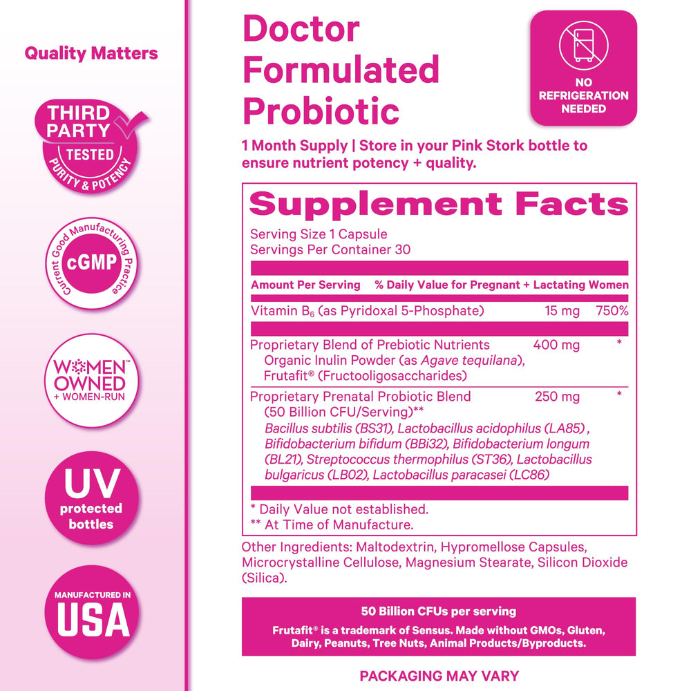 Pink Stork Prenatal Probiotic allergen-free label highlights no GMO, gluten, soy, dairy.