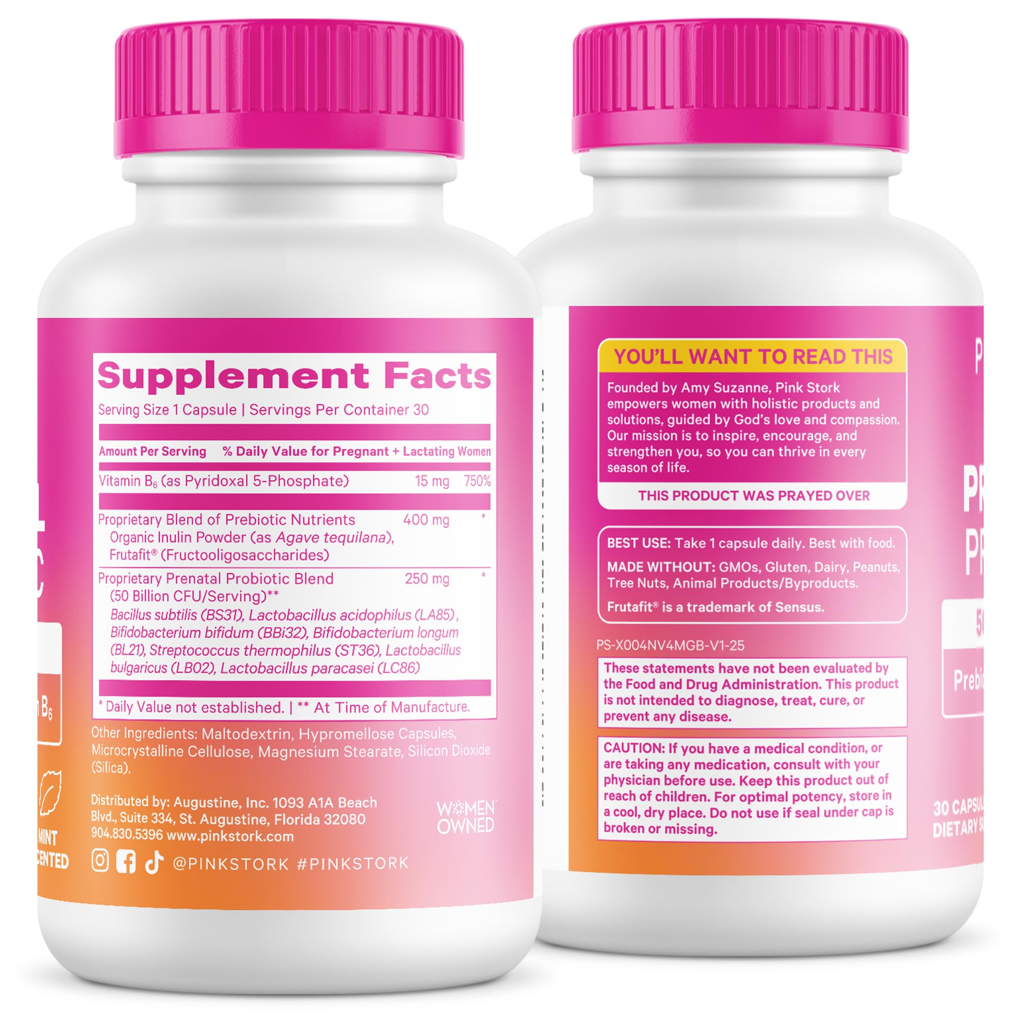 Pink Stork Prenatal Probiotic bottle graphic highlighting dairy-free and GMO-free features.