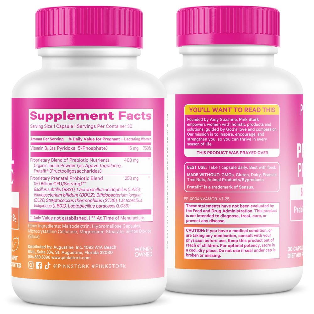 Pink Stork Prenatal Probiotic bottle graphic highlighting dairy-free and GMO-free features.