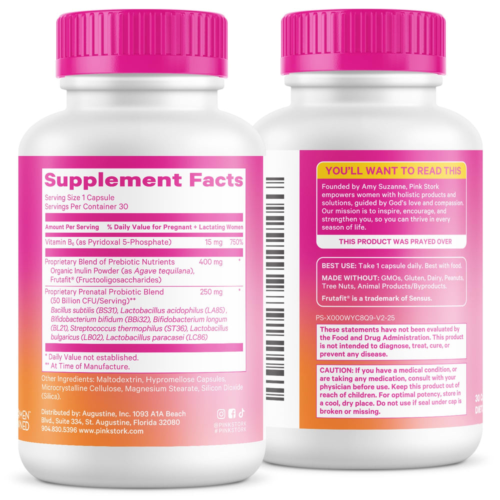 Lifestyle shot of a pregnant mom integrating Pink Stork probiotic into daily routine.