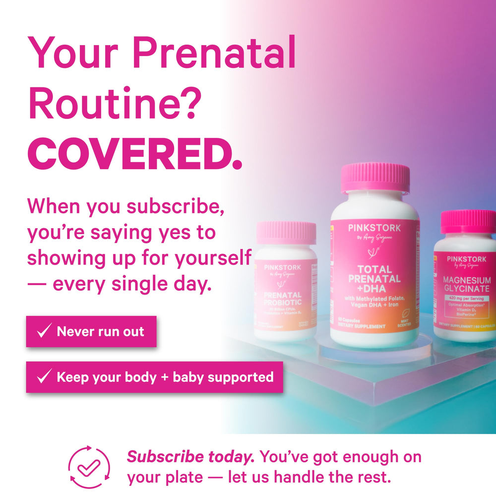 Pink Stork Prenatal Probiotic packaging front with mint essence branding.