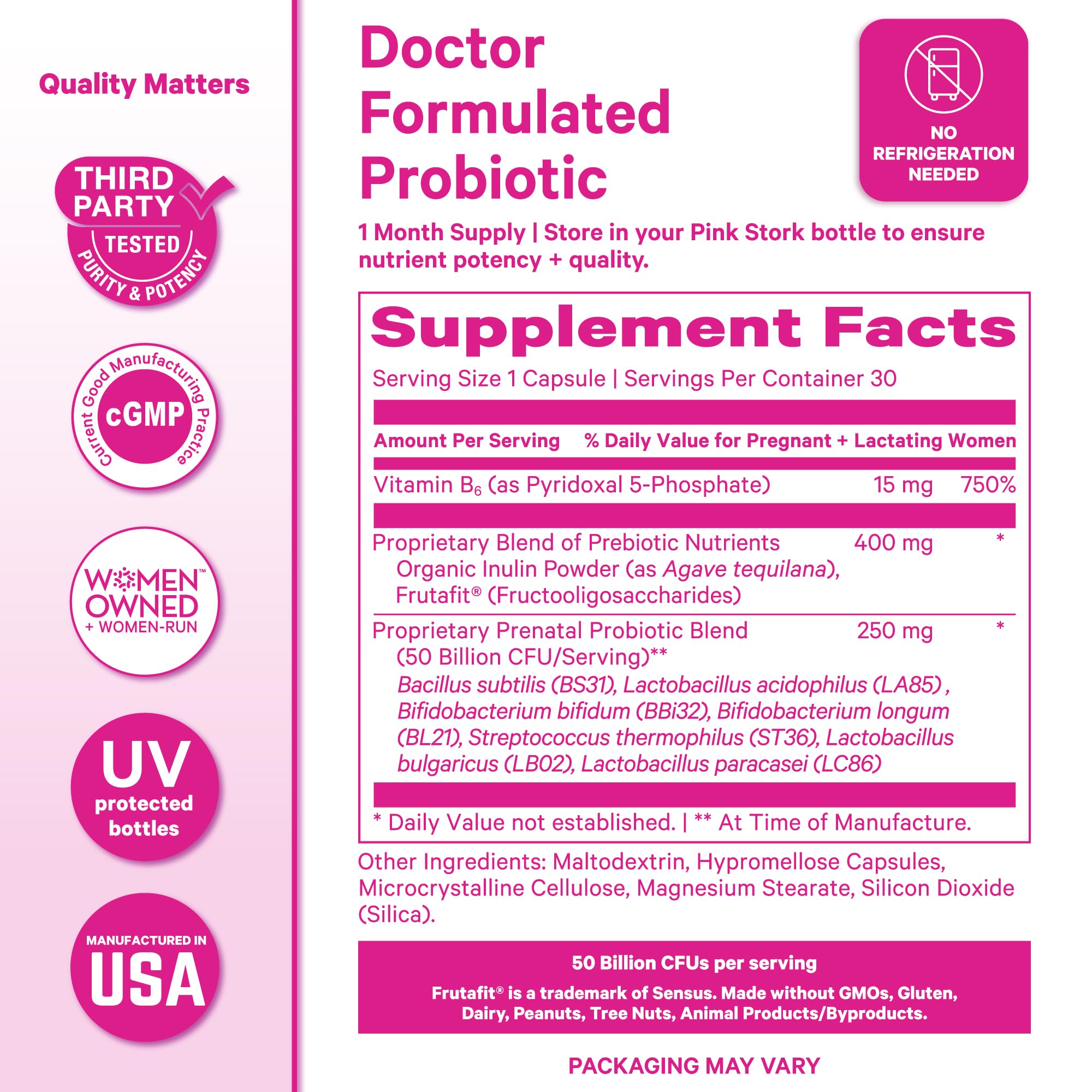 Pink Stork Prenatal Probiotic prebiotic inulin fiber shown in ingredient list.