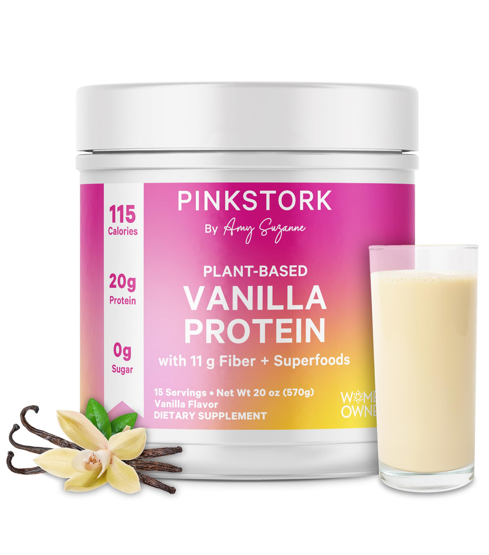 Pink Stork Vanilla protein powder tub for a smooth plant-based boost