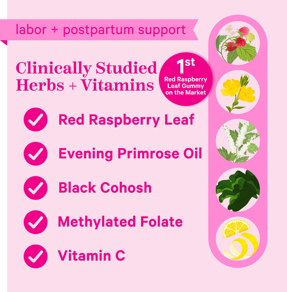 Pink Stork Red Raspberry Leaf Gummies closeup highlighting chewy texture and color