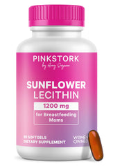 Pink Stork Sunflower Lecithin bottle highlighting 1200 mg for milk flow support.