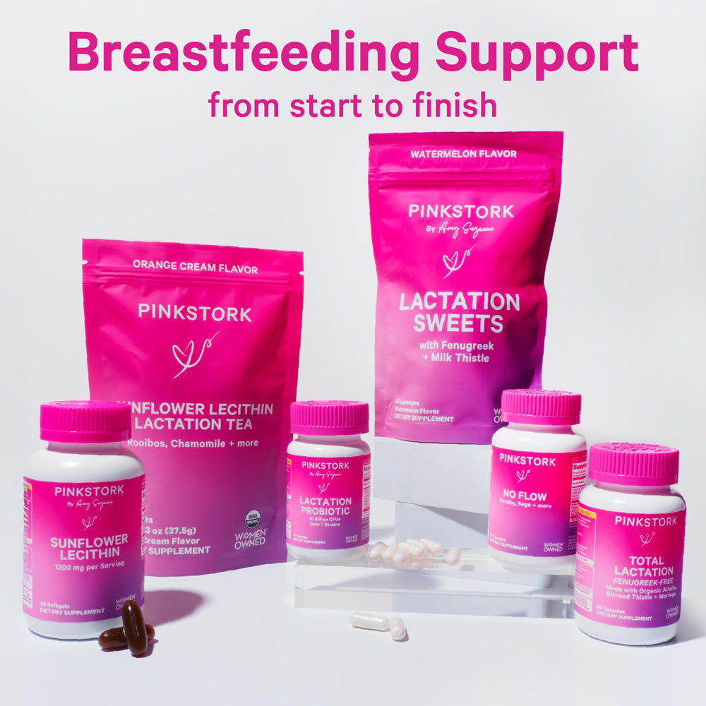 Pink Stork packaging box highlighting postpartum breastfeeding support.