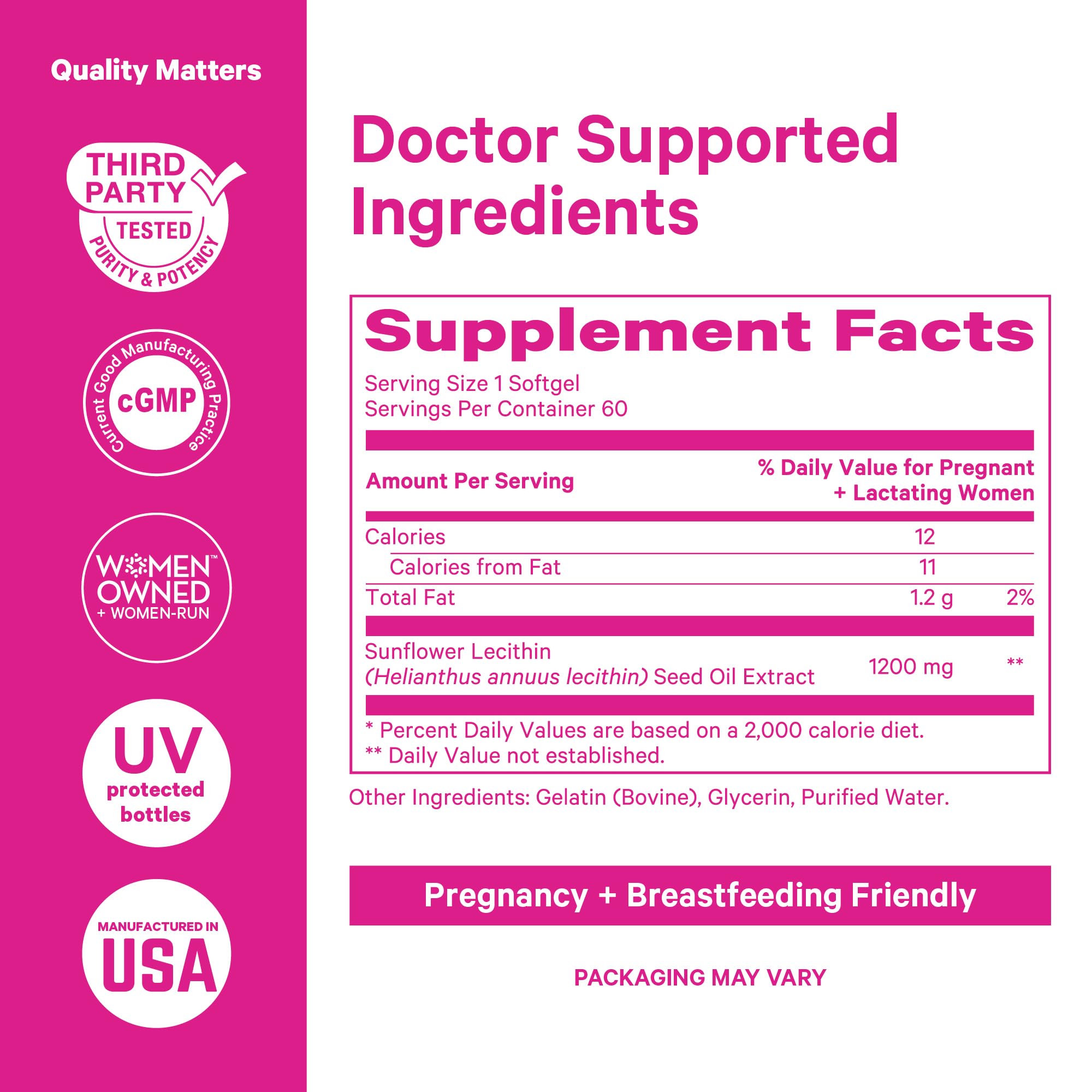 Pink Stork Sunflower Lecithin softgel close-up for milk flow support.