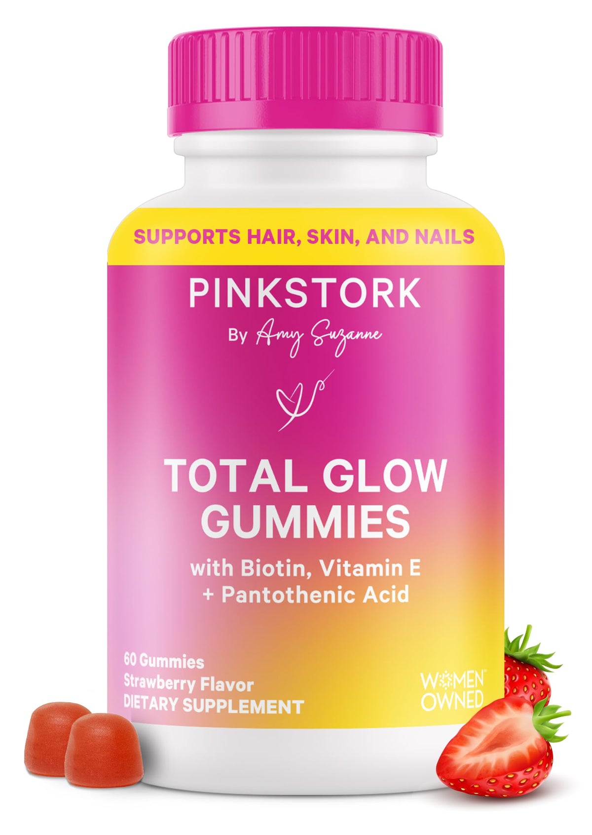 Pink Stork Total Glow Gummies berry bottle supports radiant skin, hair, and nails.