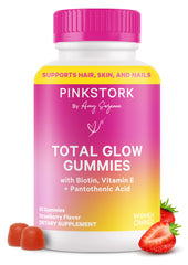 Pink Stork Total Glow Gummies berry bottle supports radiant skin, hair, and nails.