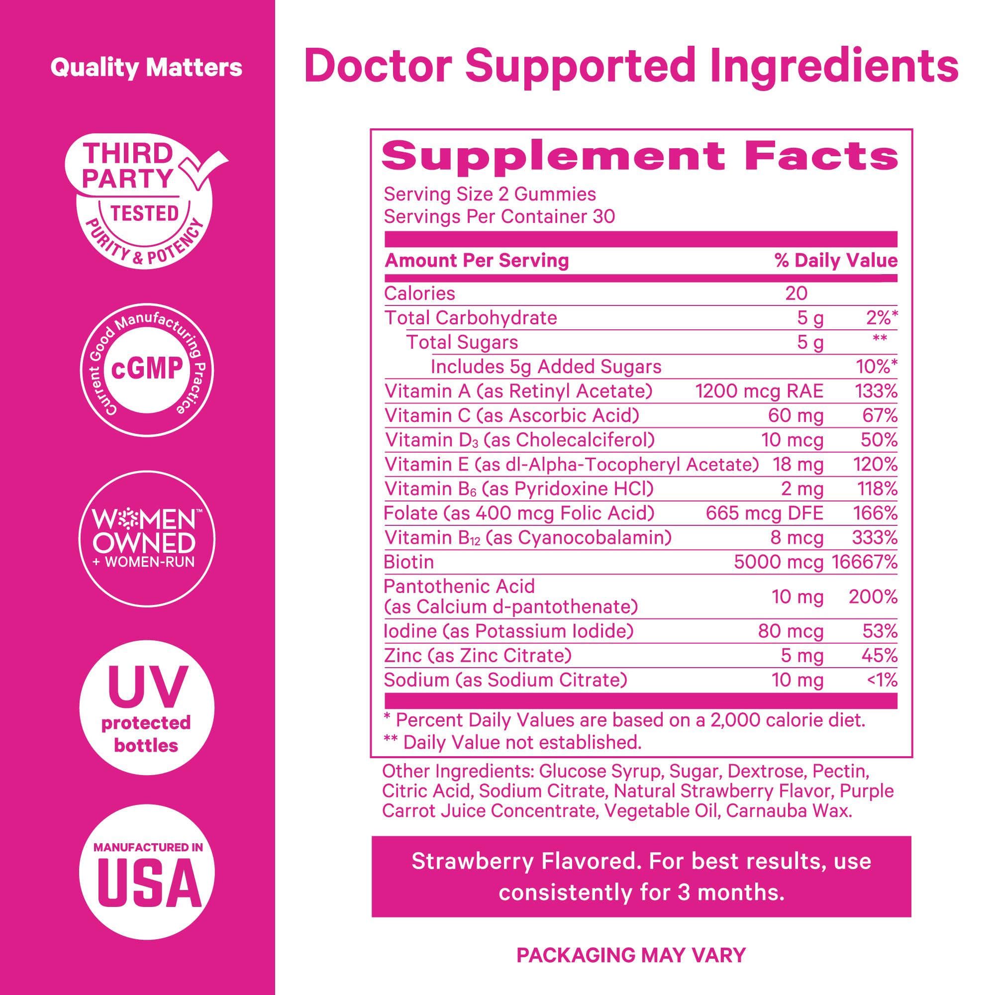 Label displays vitamins and minerals for comprehensive skin and nail wellness.
