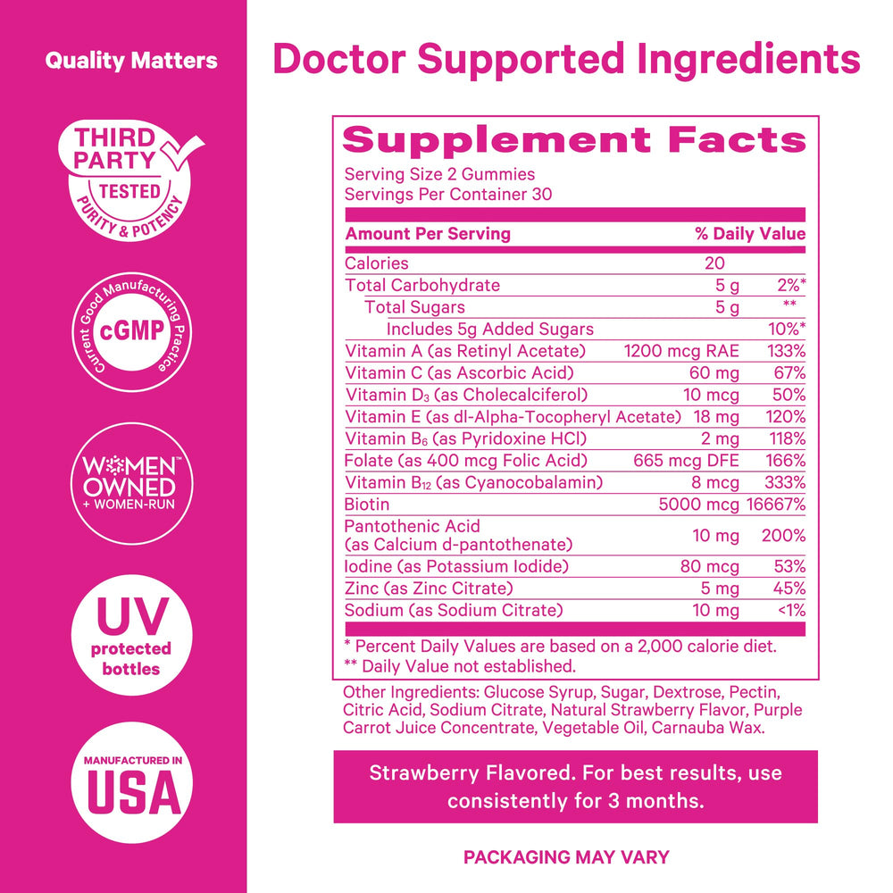 Label displays vitamins and minerals for comprehensive skin and nail wellness.