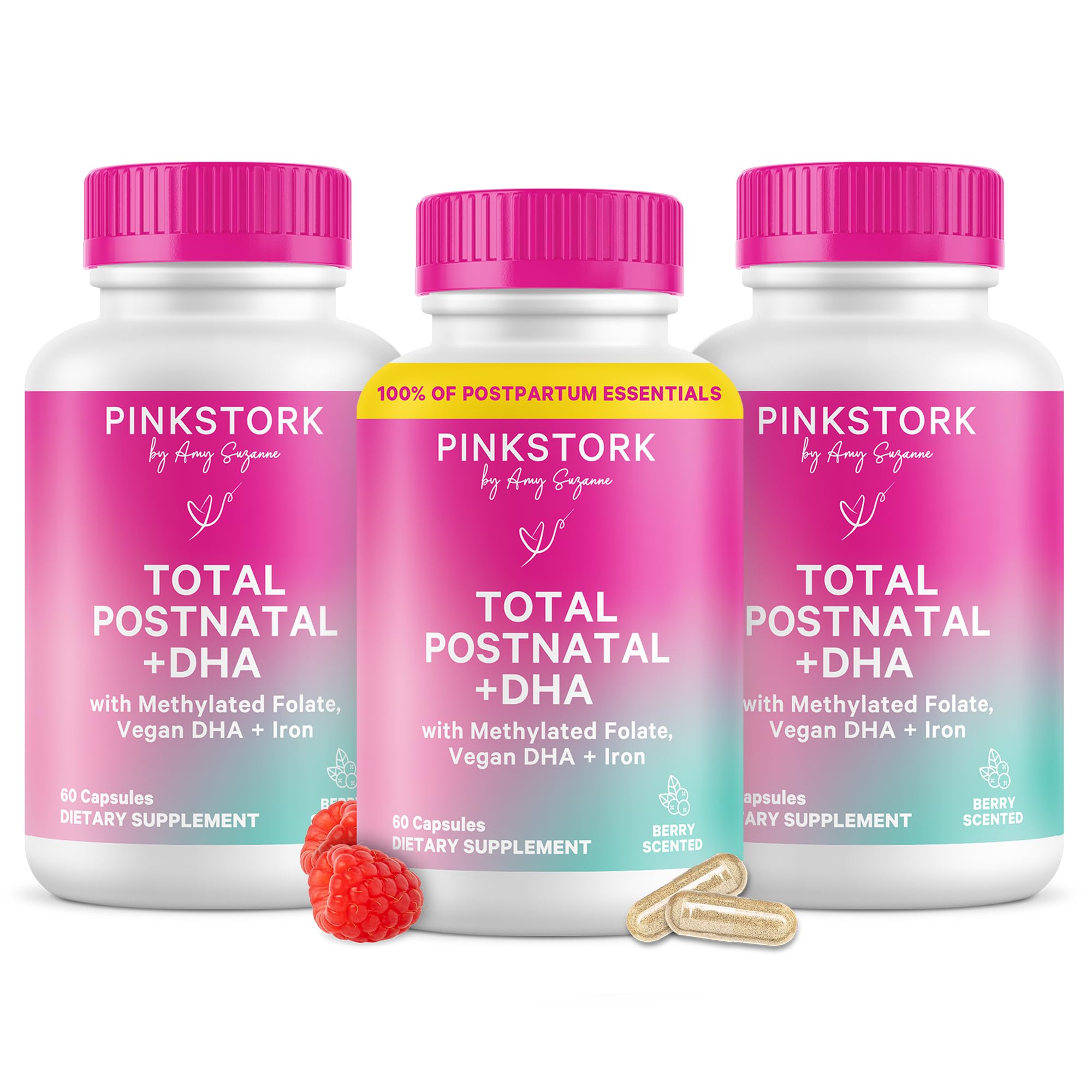 Pink Stork Total Postnatal bottle front view with easy-to-swallow capsules for postpartum support.