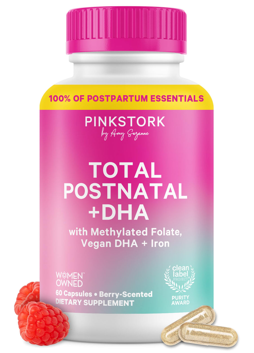 Pink Stork Total Postnatal bottle shown for convenient postpartum support