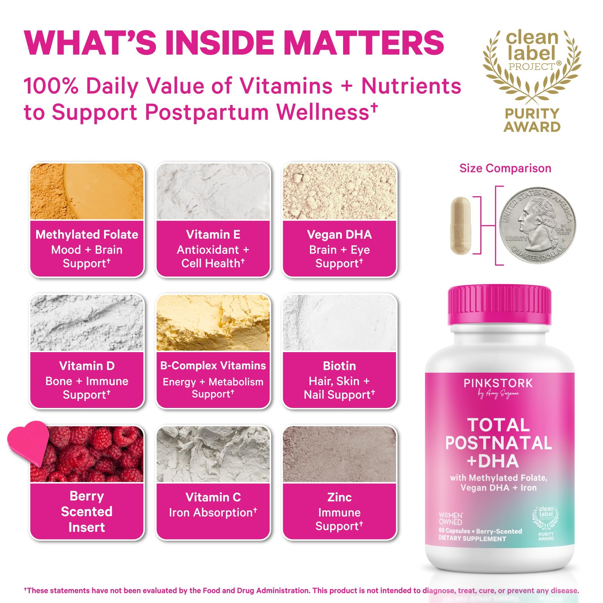 Close-up of Pink Stork Total Postnatal capsules for easy daily use