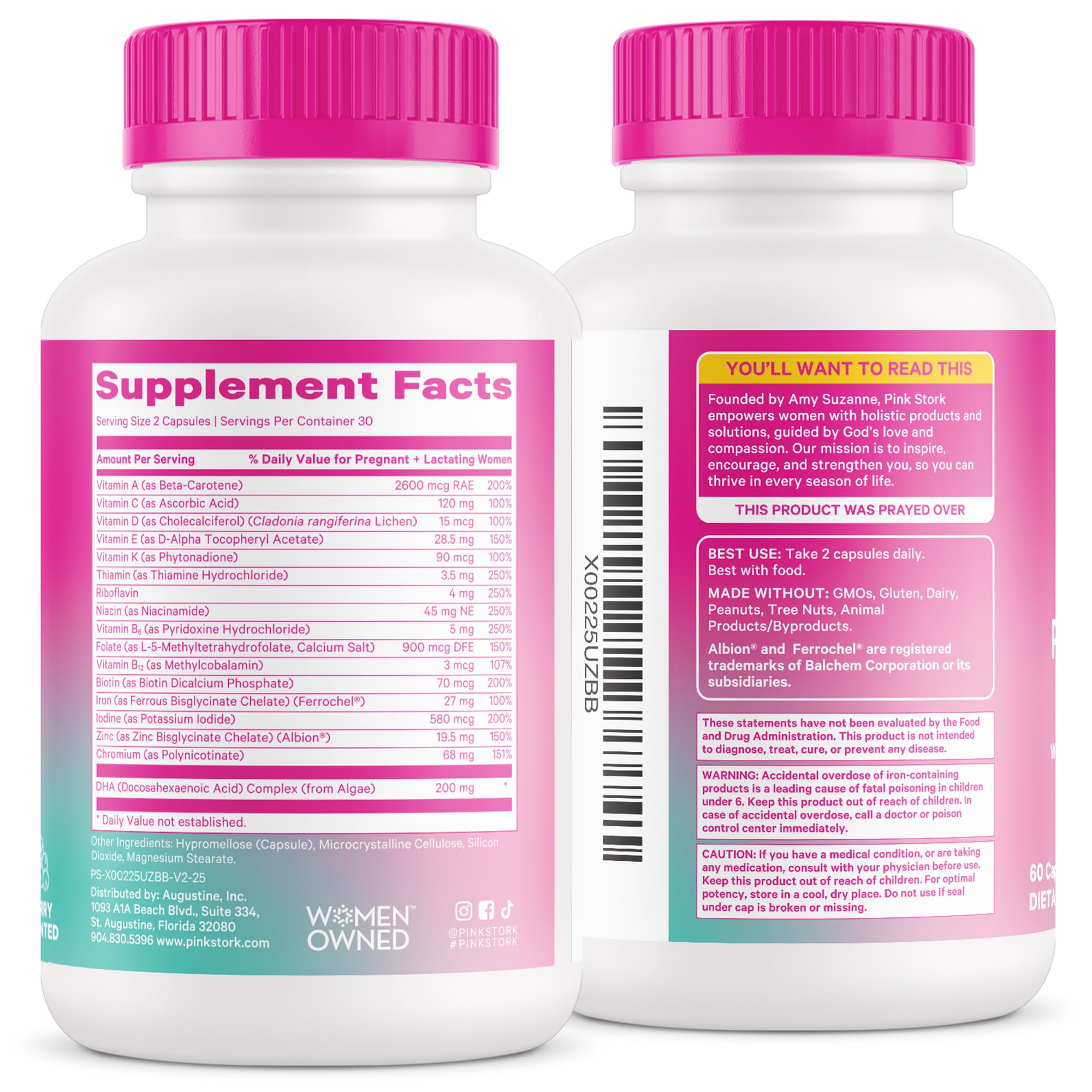 Pink Stork Total Postnatal bottle front with dosage directions for daily use.